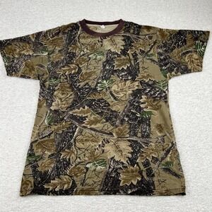 Vintage Camo T Shirt Men XL All Over Print Woodland Leaf Hunting Tee Brown Green